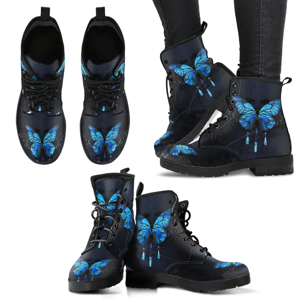 Combat Boots Blue butterfly Women's Vegan Leather Boots