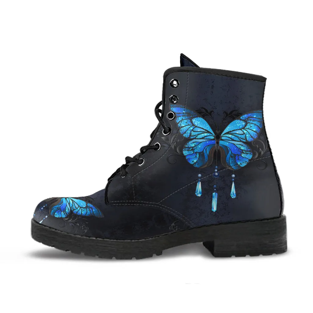 Combat Boots Blue butterfly Women's Vegan Leather Boots
