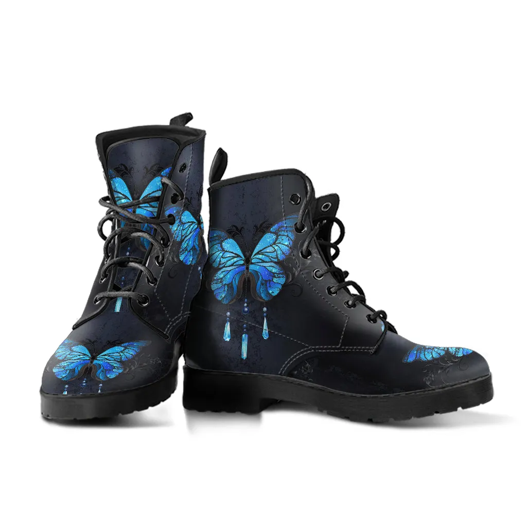 Combat Boots Blue butterfly Women's Vegan Leather Boots