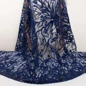 Corded Sequin Vines Chantilly Lace Design-2 Navy