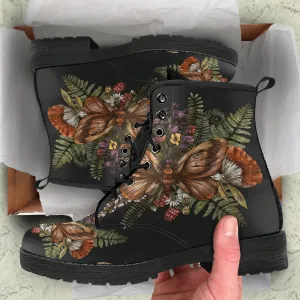 Cottagecore Mushroom and Flowers Tropical Women's Vegan Leather Combat Boots