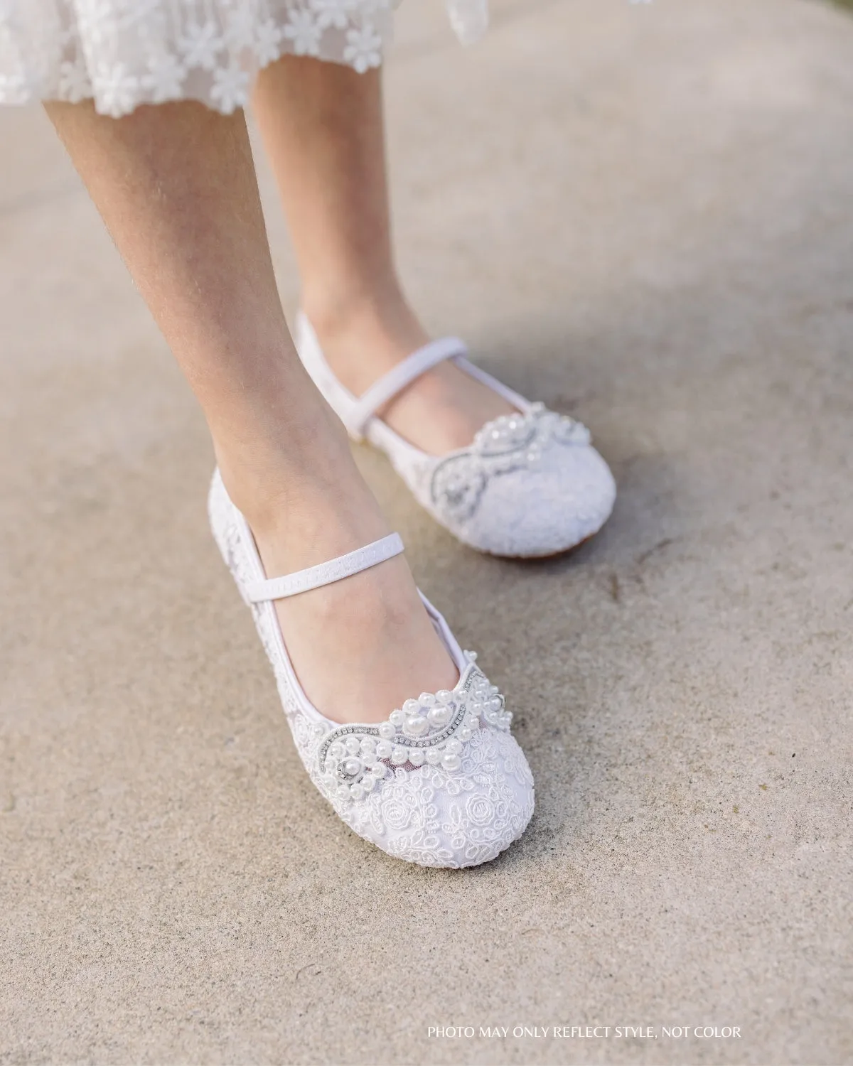 Crochet Lace Mary Jane Flats with Small Pearls Applique