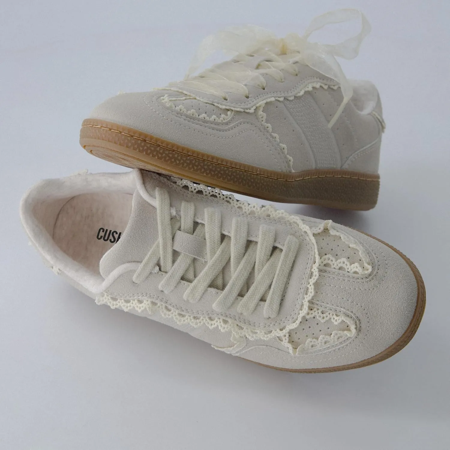 CUSHIONAIRE Belinda Womens Lace Detail Casual Sneakers  Elegant Ribbon Lace-Up Shoes with Memory Foam