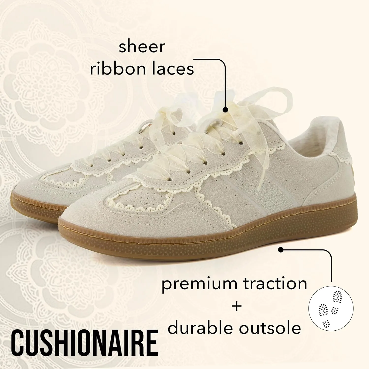 CUSHIONAIRE Belinda Womens Lace Detail Casual Sneakers  Elegant Ribbon Lace-Up Shoes with Memory Foam
