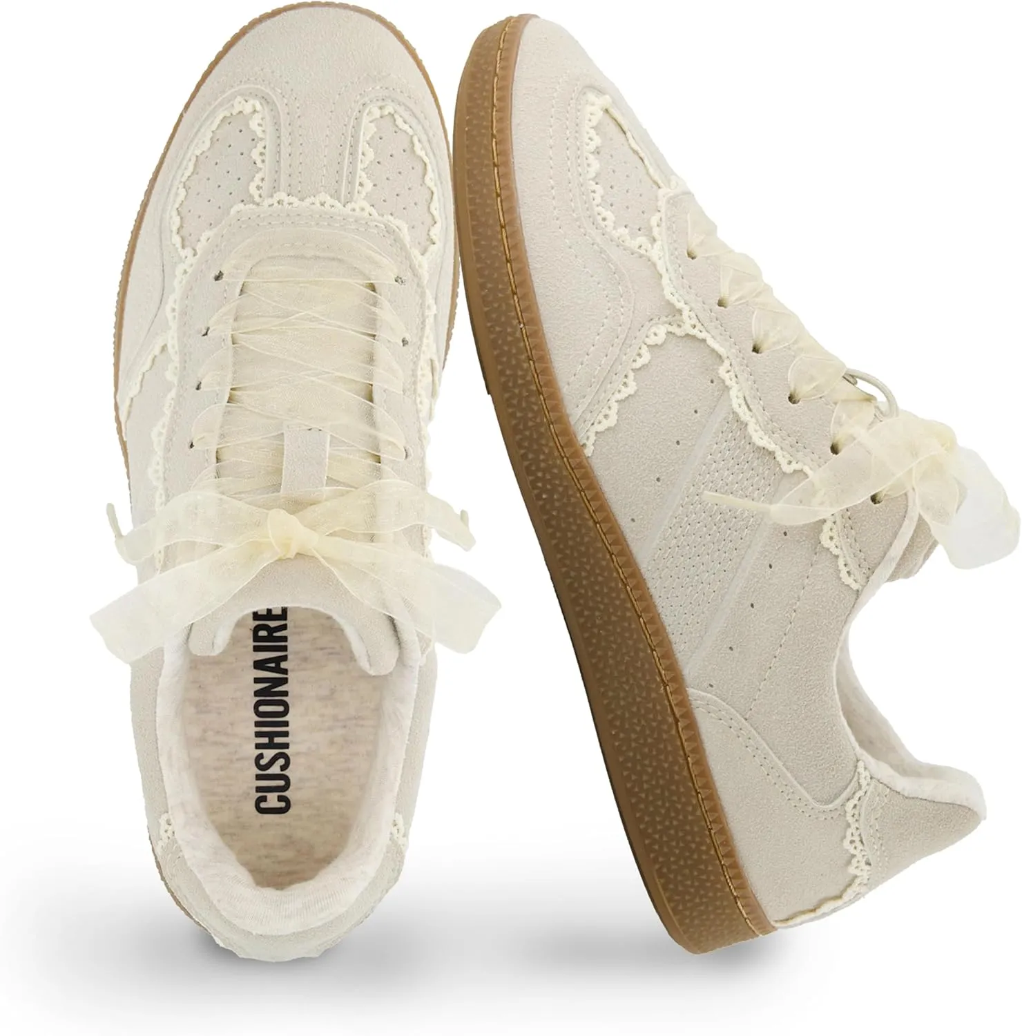 CUSHIONAIRE Belinda Womens Lace Detail Casual Sneakers  Elegant Ribbon Lace-Up Shoes with Memory Foam
