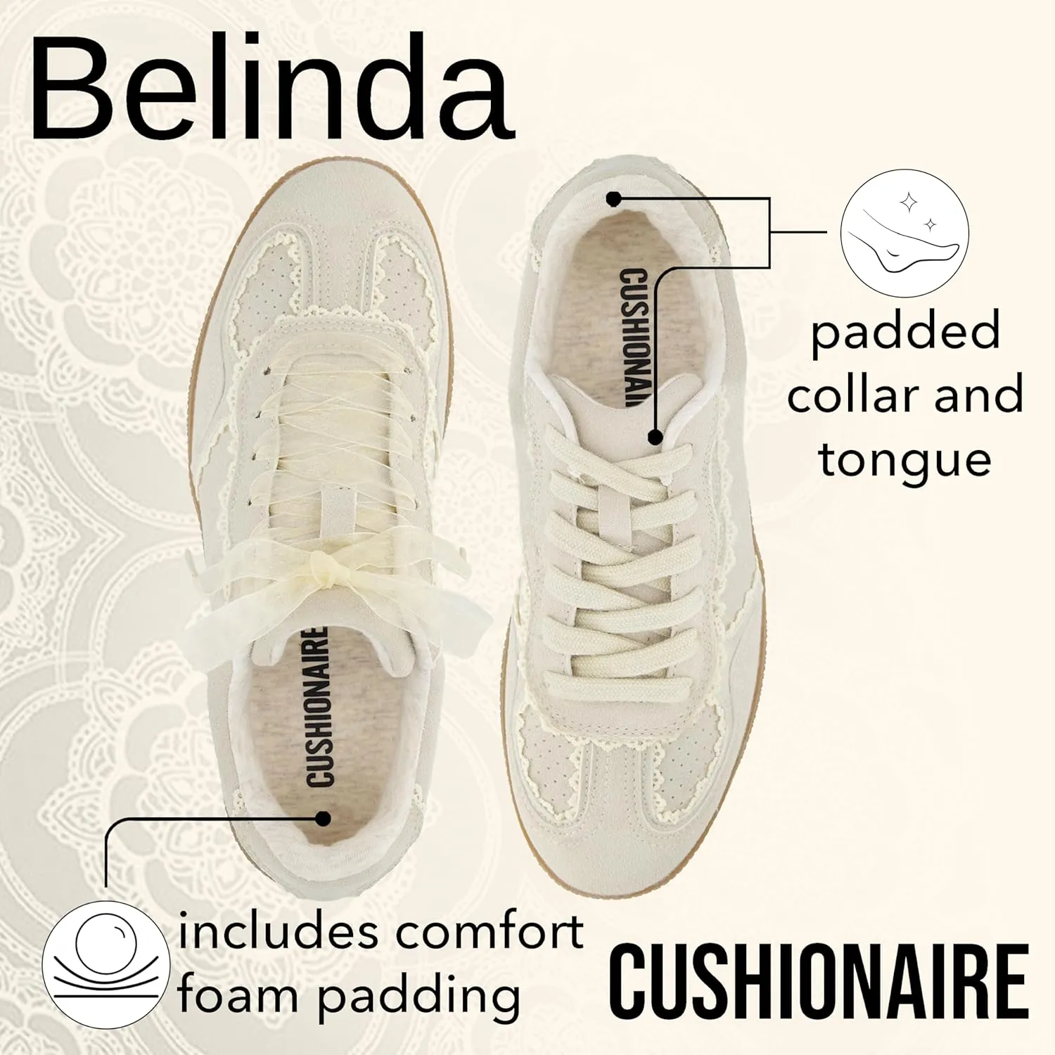 CUSHIONAIRE Belinda Womens Lace Detail Casual Sneakers  Elegant Ribbon Lace-Up Shoes with Memory Foam