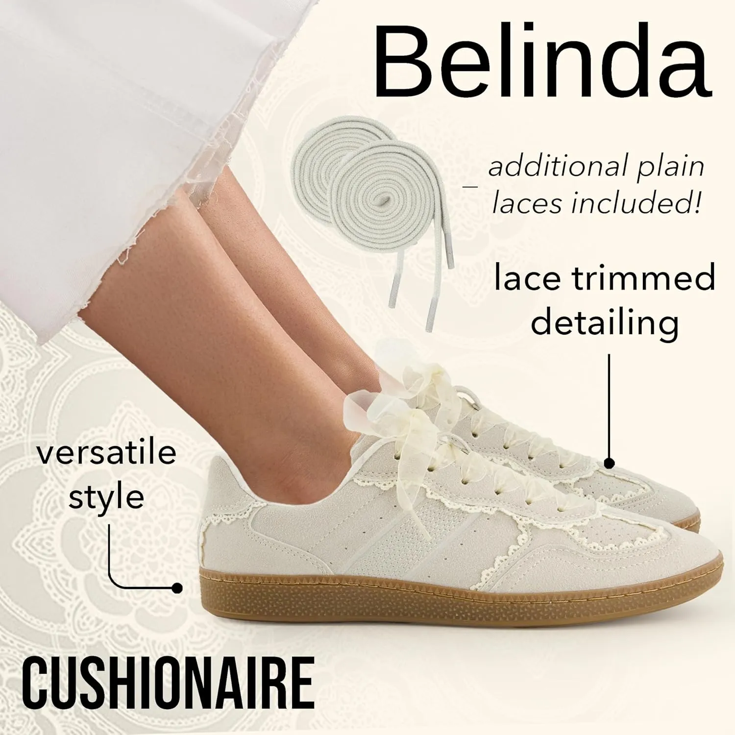CUSHIONAIRE Belinda Womens Lace Detail Casual Sneakers  Elegant Ribbon Lace-Up Shoes with Memory Foam