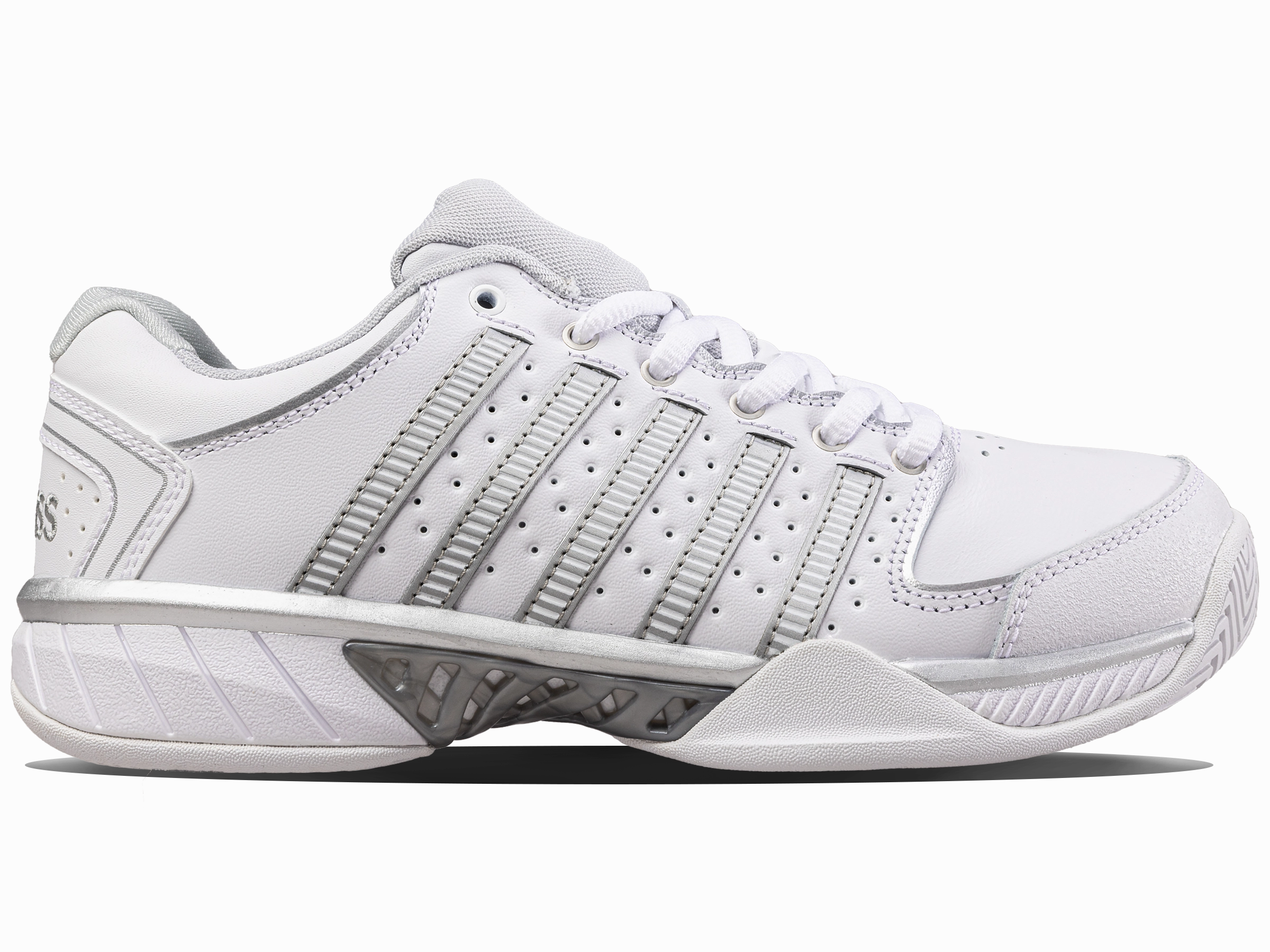 93379-107-M | WOMENS HYPERCOURT EXPRESS LEATHER | WHITE/SILVER/GLACIER GRAY Night Glow Barefoot Feel Design