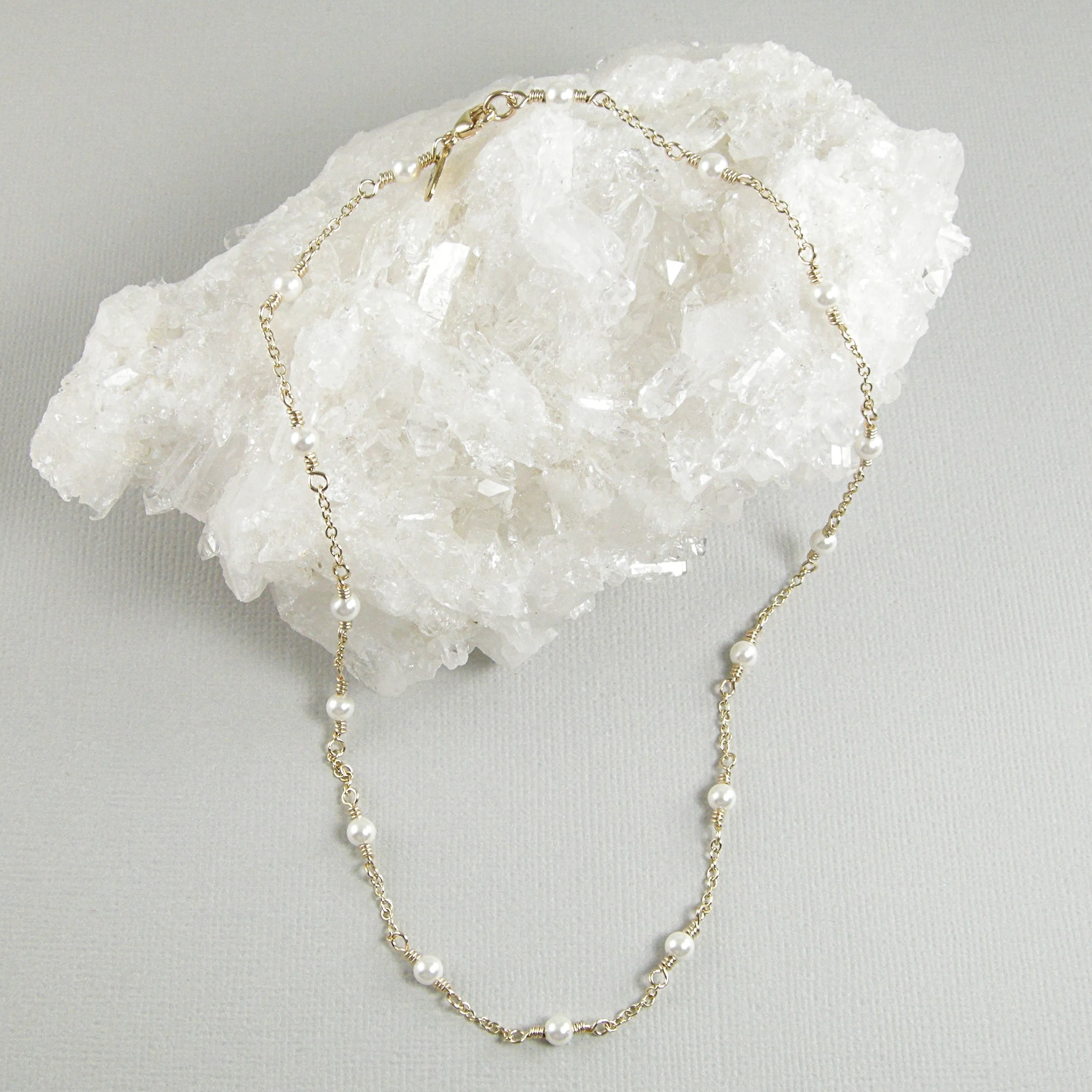 Dainty Pearl Necklace, Gold Chain Pearl Station Necklace, Tin Cup Pearl Necklace