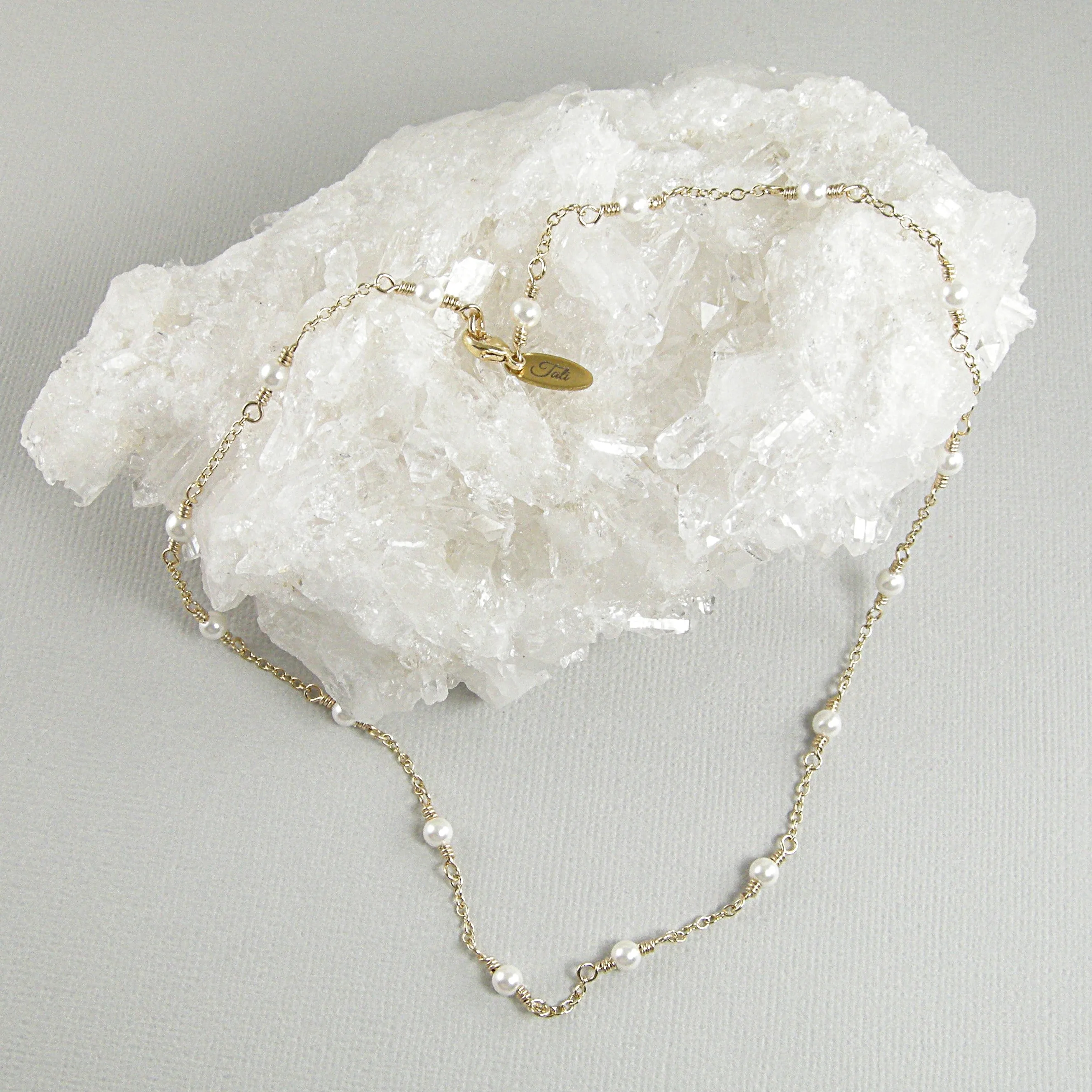 Dainty Pearl Necklace, Gold Chain Pearl Station Necklace, Tin Cup Pearl Necklace