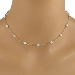 Dainty Pearl Necklace, Gold Chain Pearl Station Necklace, Tin Cup Pearl Necklace