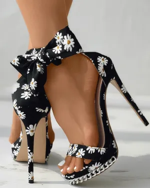 Daisy Print Bowknot Chain Decor Stiletto Heels