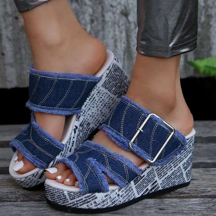 Denim slip on wedge sandals