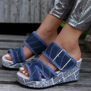 Denim slip on wedge sandals