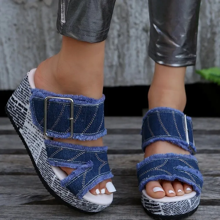 Denim slip on wedge sandals