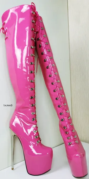 Doll Pink Patent Military Style Over Knee Boots