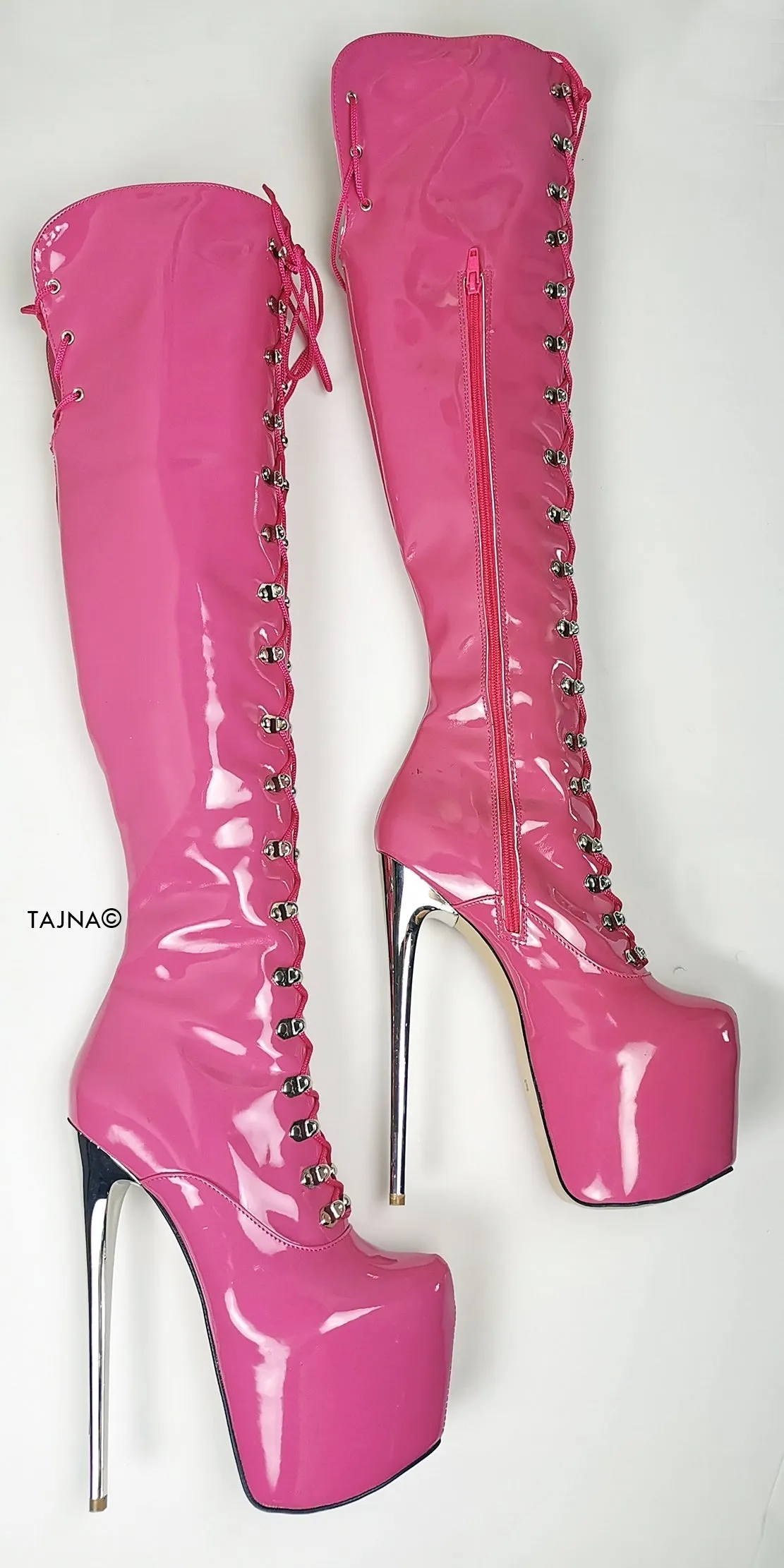 Doll Pink Patent Military Style Over Knee Boots