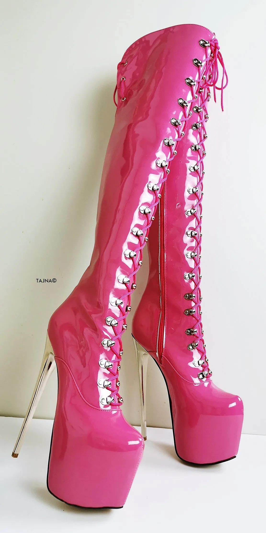 Doll Pink Patent Military Style Over Knee Boots