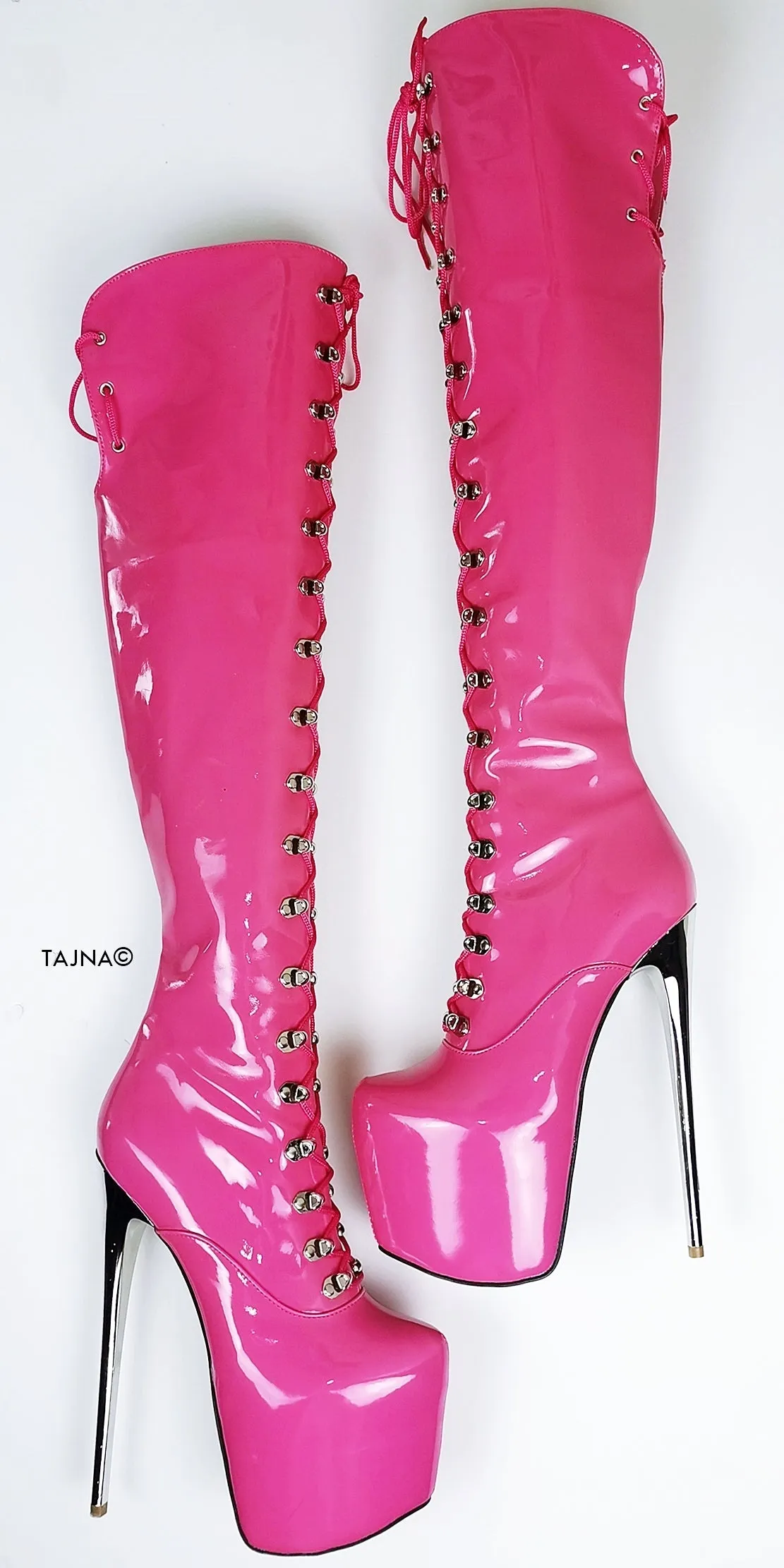 Doll Pink Patent Military Style Over Knee Boots