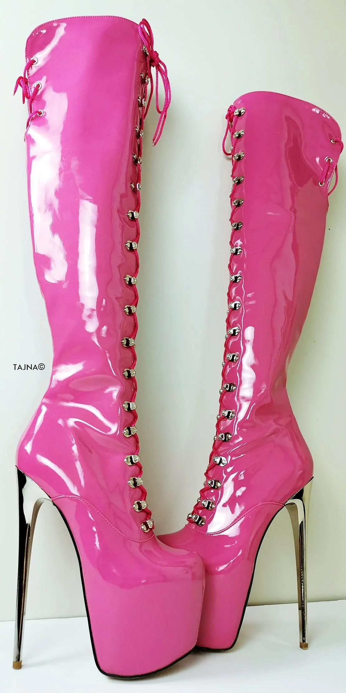 Doll Pink Patent Military Style Over Knee Boots