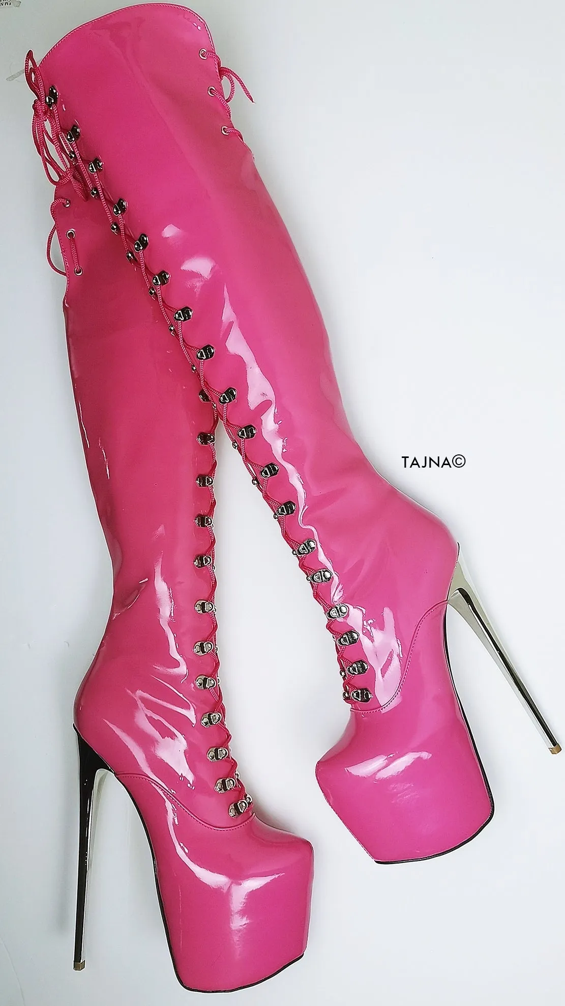 Doll Pink Patent Military Style Over Knee Boots
