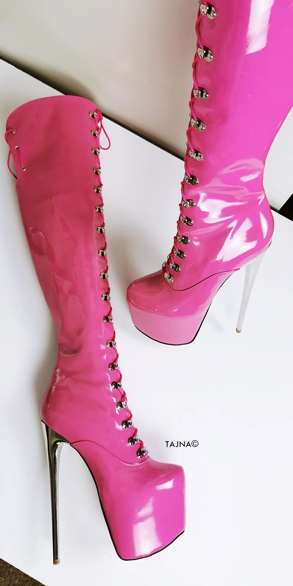 Doll Pink Patent Military Style Over Knee Boots