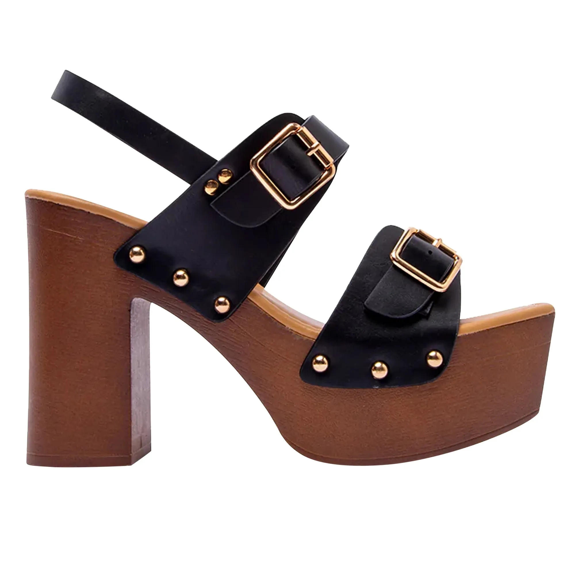 Double Buckle Straps Sandals Wood Accents Godden Studs Black