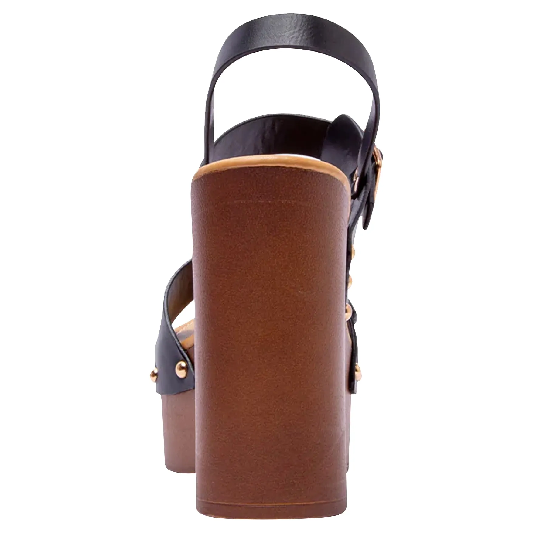 Double Buckle Straps Sandals Wood Accents Godden Studs Black