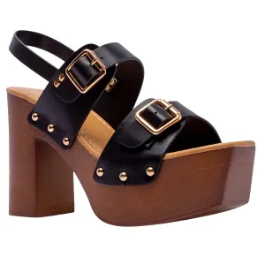 Double Buckle Straps Sandals Wood Accents Godden Studs Black
