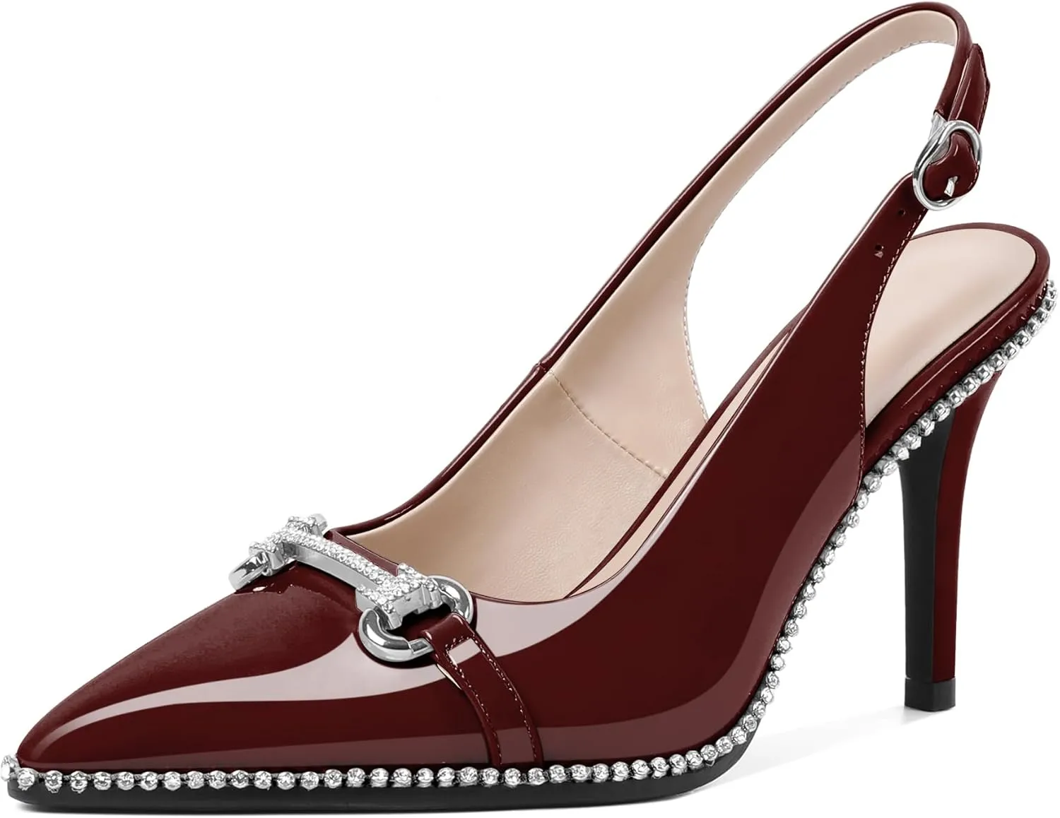 Eldof Women Slingbacks High Heel Pumps Closed Pointed Toe Beaded Rhinestone Slip On Stilettos Dress Pumps Shoes 3.5 Inches