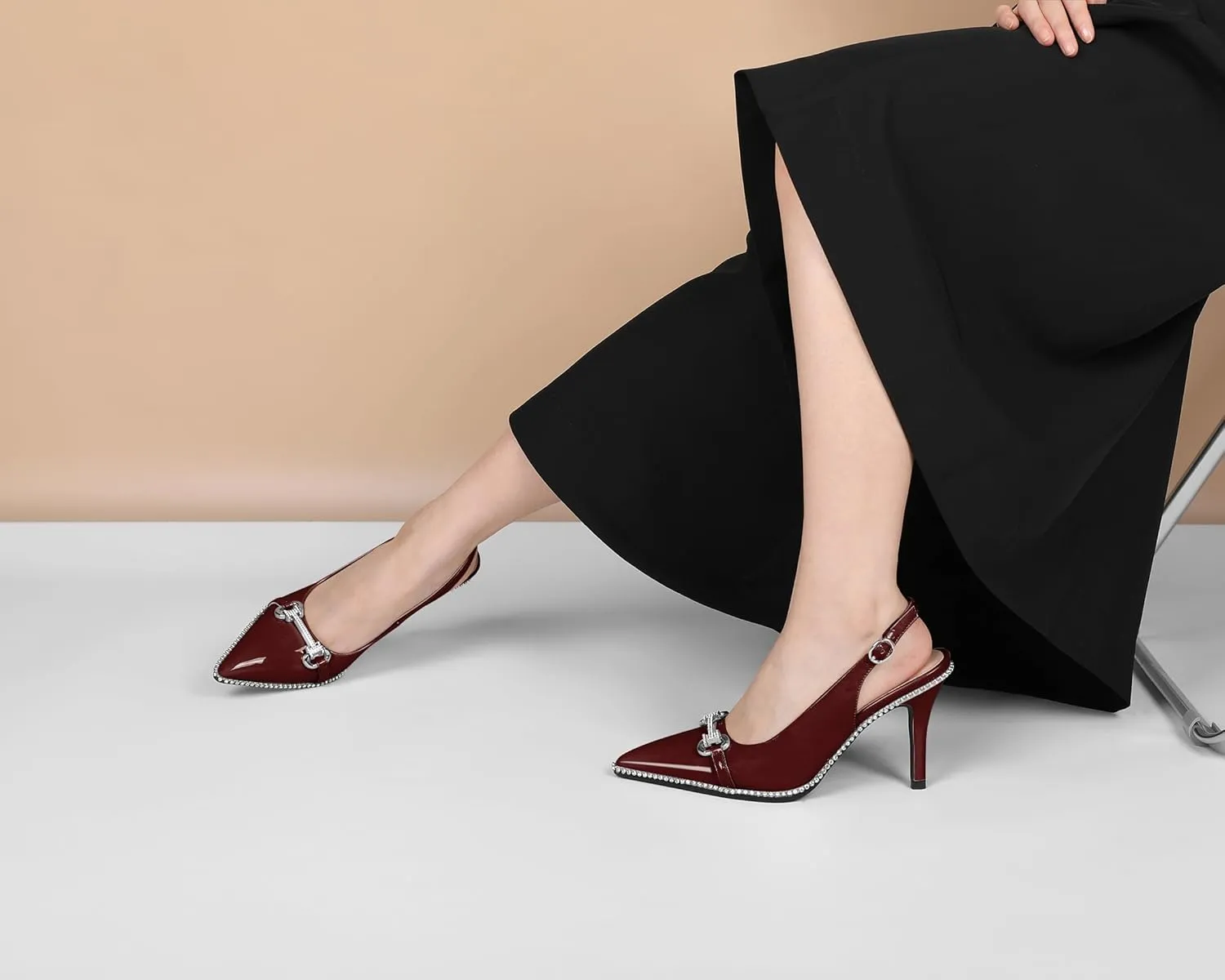 Eldof Women Slingbacks High Heel Pumps Closed Pointed Toe Beaded Rhinestone Slip On Stilettos Dress Pumps Shoes 3.5 Inches