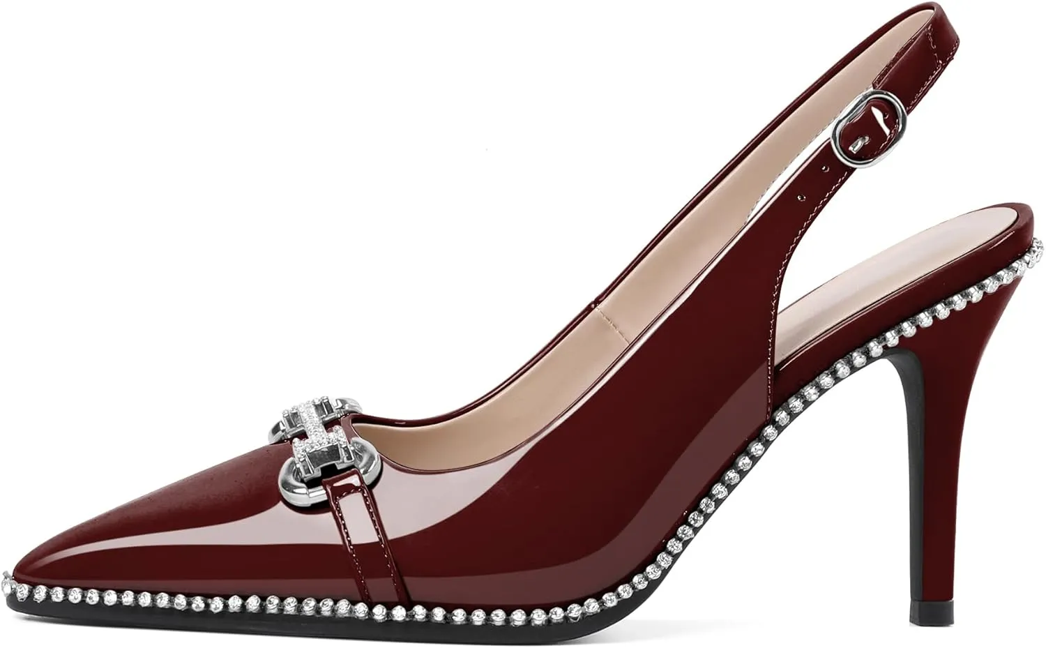 Eldof Women Slingbacks High Heel Pumps Closed Pointed Toe Beaded Rhinestone Slip On Stilettos Dress Pumps Shoes 3.5 Inches