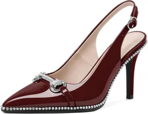 Eldof Women Slingbacks High Heel Pumps Closed Pointed Toe Beaded Rhinestone Slip On Stilettos Dress Pumps Shoes 3.5 Inches