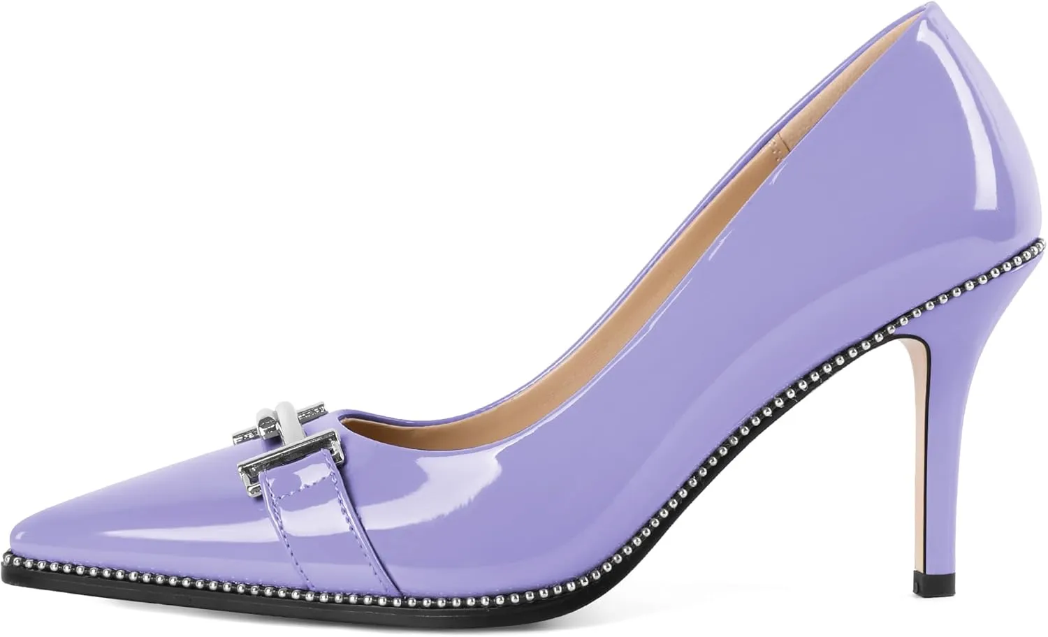 Eldof Women's High Heel Pumps Pointed Toe Slip On Metallic Buckle Stiletto Heels Studed Beaded Pumps Shoes Women 3.5 Inches