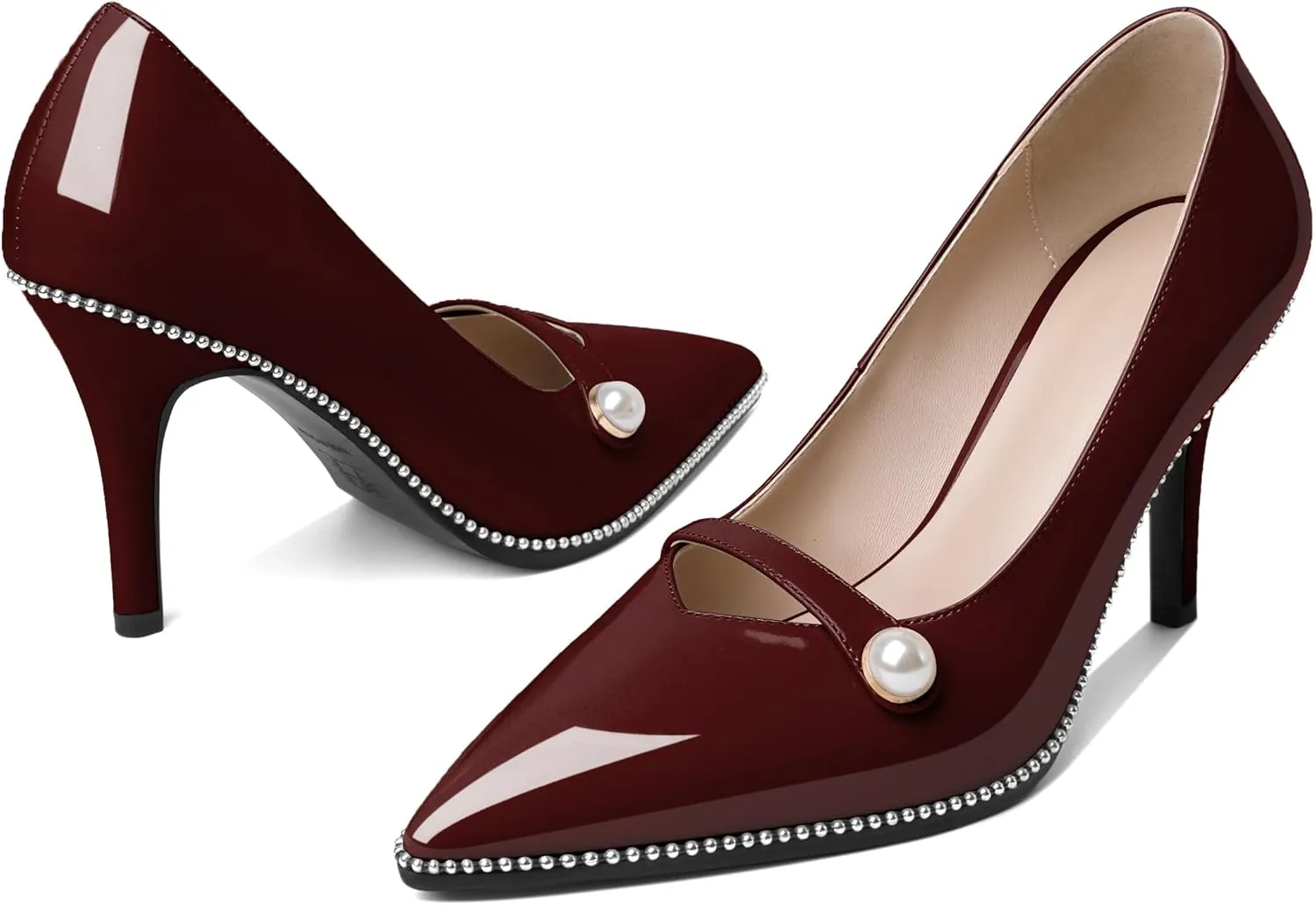 Eldof Women's High Heel Pumps Pointed Toe Slip On Pearl Strap Stiletto Heels Beaded Pumps Shoes Women Dress Sexy Heels 3.5 Inches