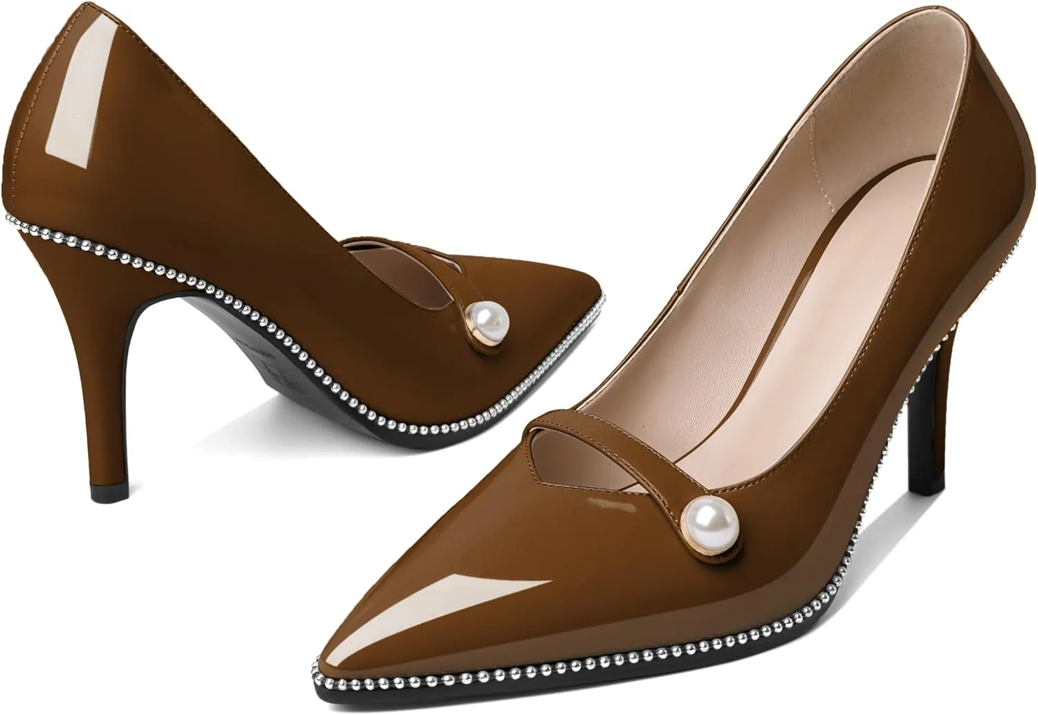 Eldof Women's High Heel Pumps Pointed Toe Slip On Pearl Strap Stiletto Heels Beaded Pumps Shoes Women Dress Sexy Heels 3.5 Inches