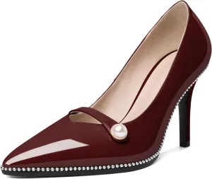 Eldof Women's High Heel Pumps Pointed Toe Slip On Pearl Strap Stiletto Heels Beaded Pumps Shoes Women Dress Sexy Heels 3.5 Inches