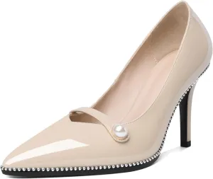 Eldof Women's High Heel Pumps Pointed Toe Slip On Pearl Strap Stiletto Heels Beaded Pumps Shoes Women Dress Sexy Heels 3.5 Inches