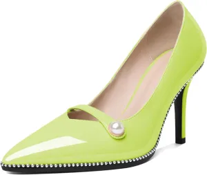 Eldof Women's High Heel Pumps Pointed Toe Slip On Pearl Strap Stiletto Heels Beaded Pumps Shoes Women Dress Sexy Heels 3.5 Inches