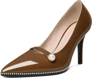 Eldof Women's High Heel Pumps Pointed Toe Slip On Pearl Strap Stiletto Heels Beaded Pumps Shoes Women Dress Sexy Heels 3.5 Inches