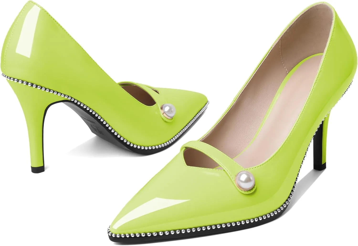 Eldof Women's High Heel Pumps Pointed Toe Slip On Pearl Strap Stiletto Heels Beaded Pumps Shoes Women Dress Sexy Heels 3.5 Inches
