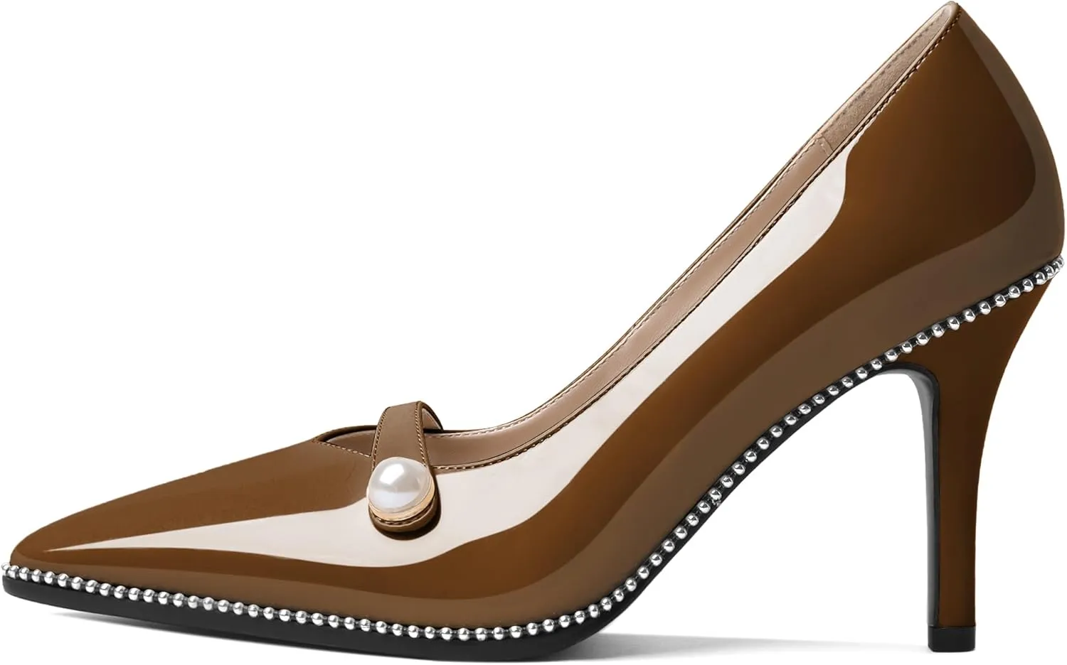Eldof Women's High Heel Pumps Pointed Toe Slip On Pearl Strap Stiletto Heels Beaded Pumps Shoes Women Dress Sexy Heels 3.5 Inches