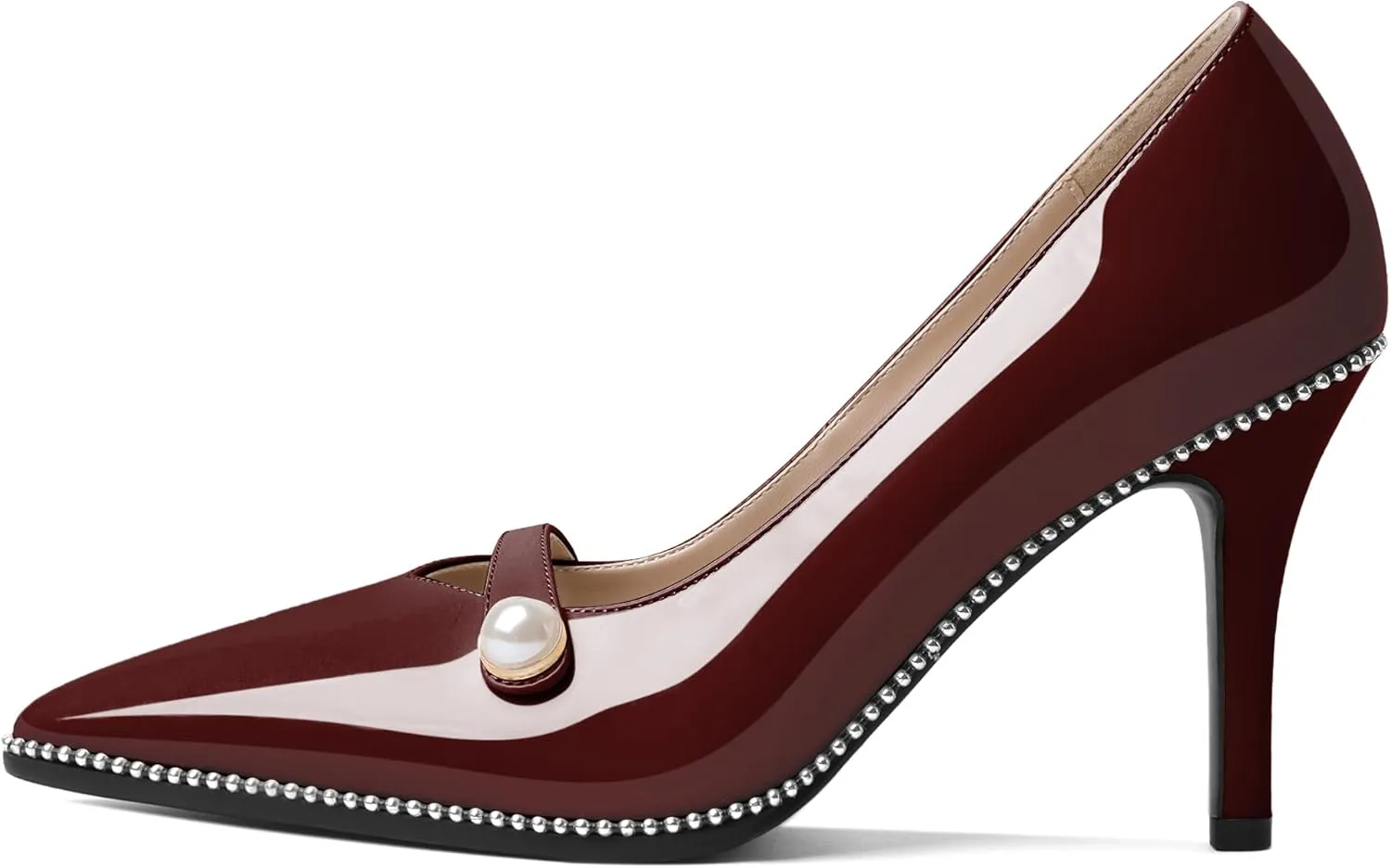 Eldof Women's High Heel Pumps Pointed Toe Slip On Pearl Strap Stiletto Heels Beaded Pumps Shoes Women Dress Sexy Heels 3.5 Inches