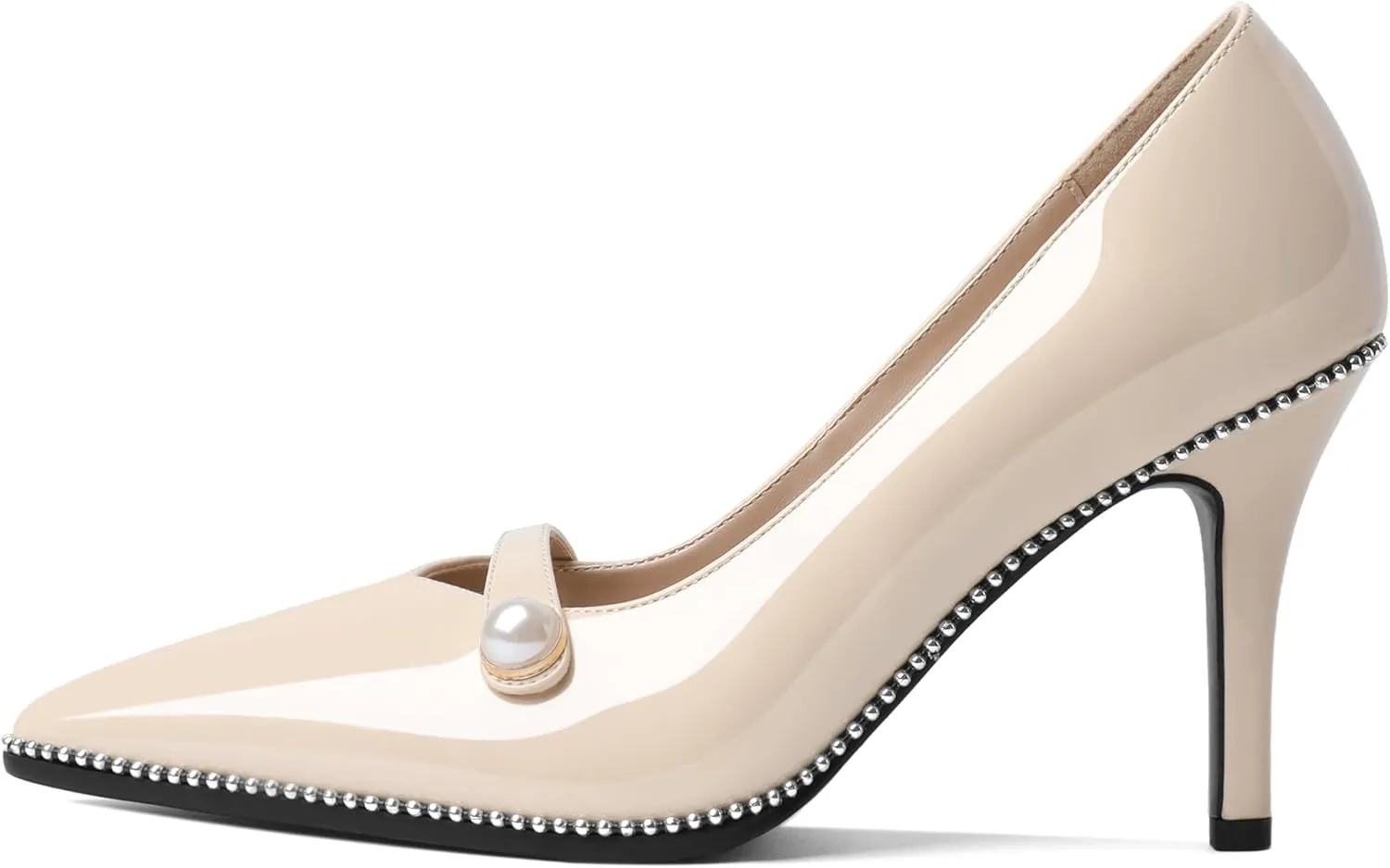 Eldof Women's High Heel Pumps Pointed Toe Slip On Pearl Strap Stiletto Heels Beaded Pumps Shoes Women Dress Sexy Heels 3.5 Inches