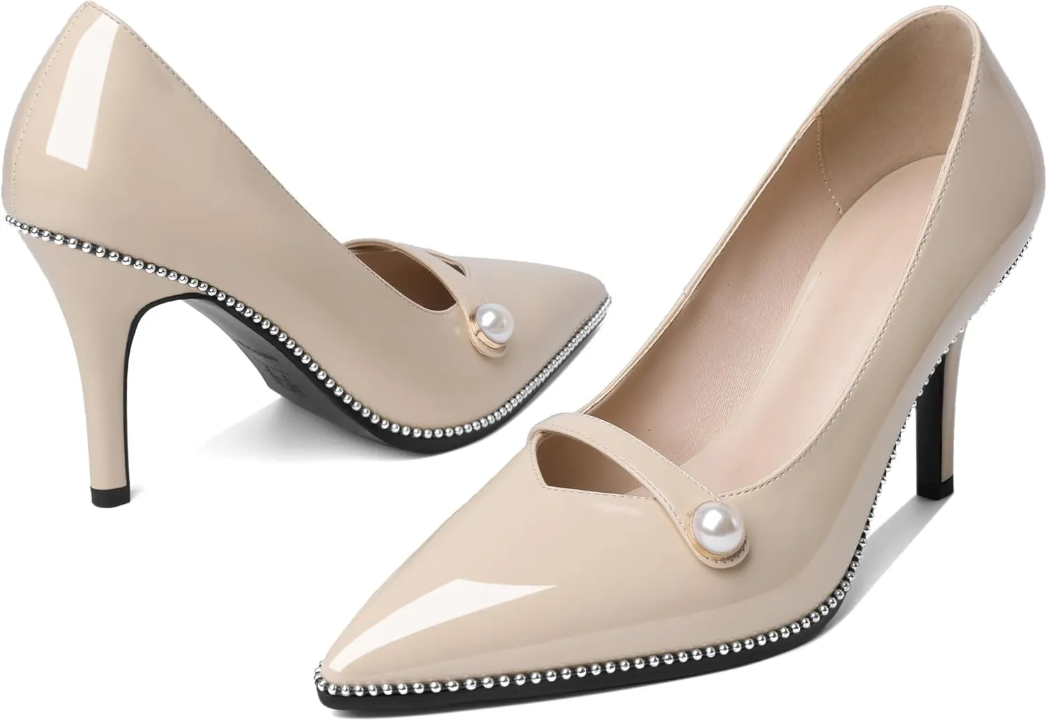 Eldof Women's High Heel Pumps Pointed Toe Slip On Pearl Strap Stiletto Heels Beaded Pumps Shoes Women Dress Sexy Heels 3.5 Inches