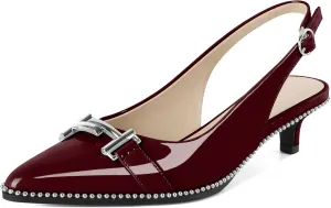 Eldof Womens Kitten Heel Pumps Pointed Toe Slingback Beaded Pumps Shoes Women Dress Low Heels with Silver Buckle 1.5 Inches
