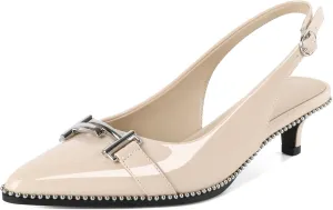 Eldof Womens Kitten Heel Pumps Pointed Toe Slingback Beaded Pumps Shoes Women Dress Low Heels with Silver Buckle 1.5 Inches