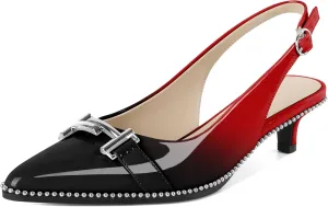 Eldof Womens Kitten Heel Pumps Pointed Toe Slingback Beaded Pumps Shoes Women Dress Low Heels with Silver Buckle 1.5 Inches