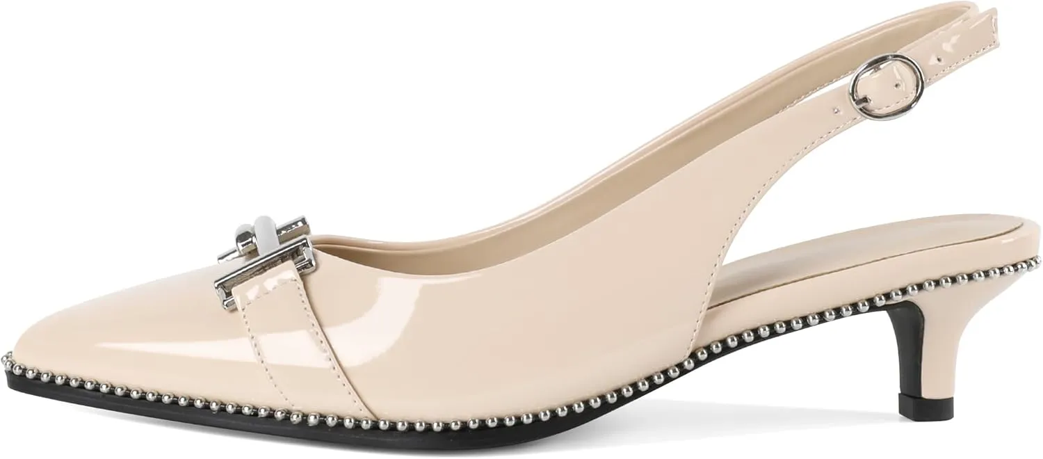 Eldof Womens Kitten Heel Pumps Pointed Toe Slingback Beaded Pumps Shoes Women Dress Low Heels with Silver Buckle 1.5 Inches