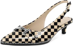 Eldof Womens Kitten Heel Pumps Pointed Toe Slingback Beaded Pumps Shoes Women Dress Low Heels with Silver Buckle 1.5 Inches